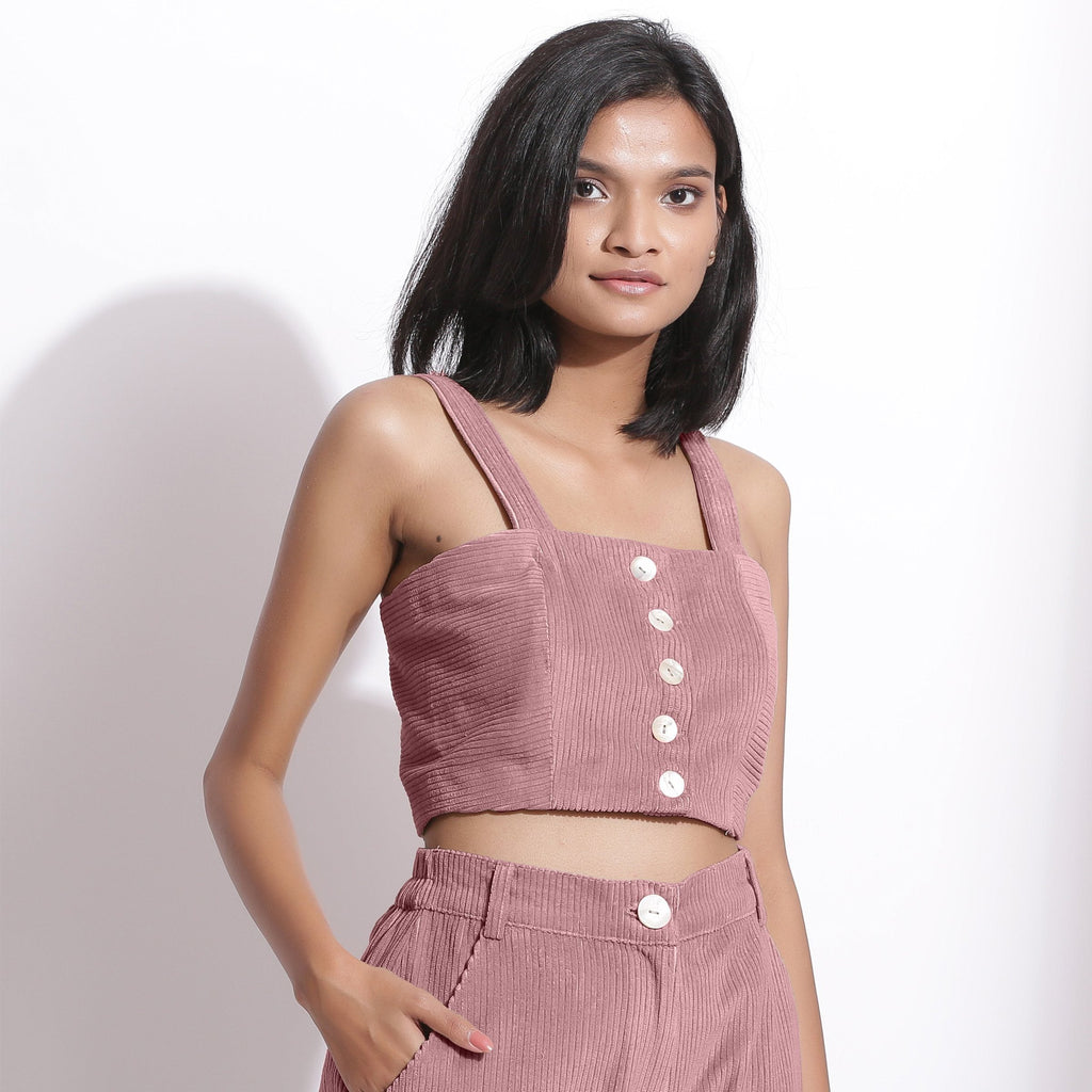 Right View of a Model wearing Mauve Cotton Corduroy Crop Top