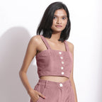 Right View of a Model wearing Mauve Cotton Corduroy Crop Top
