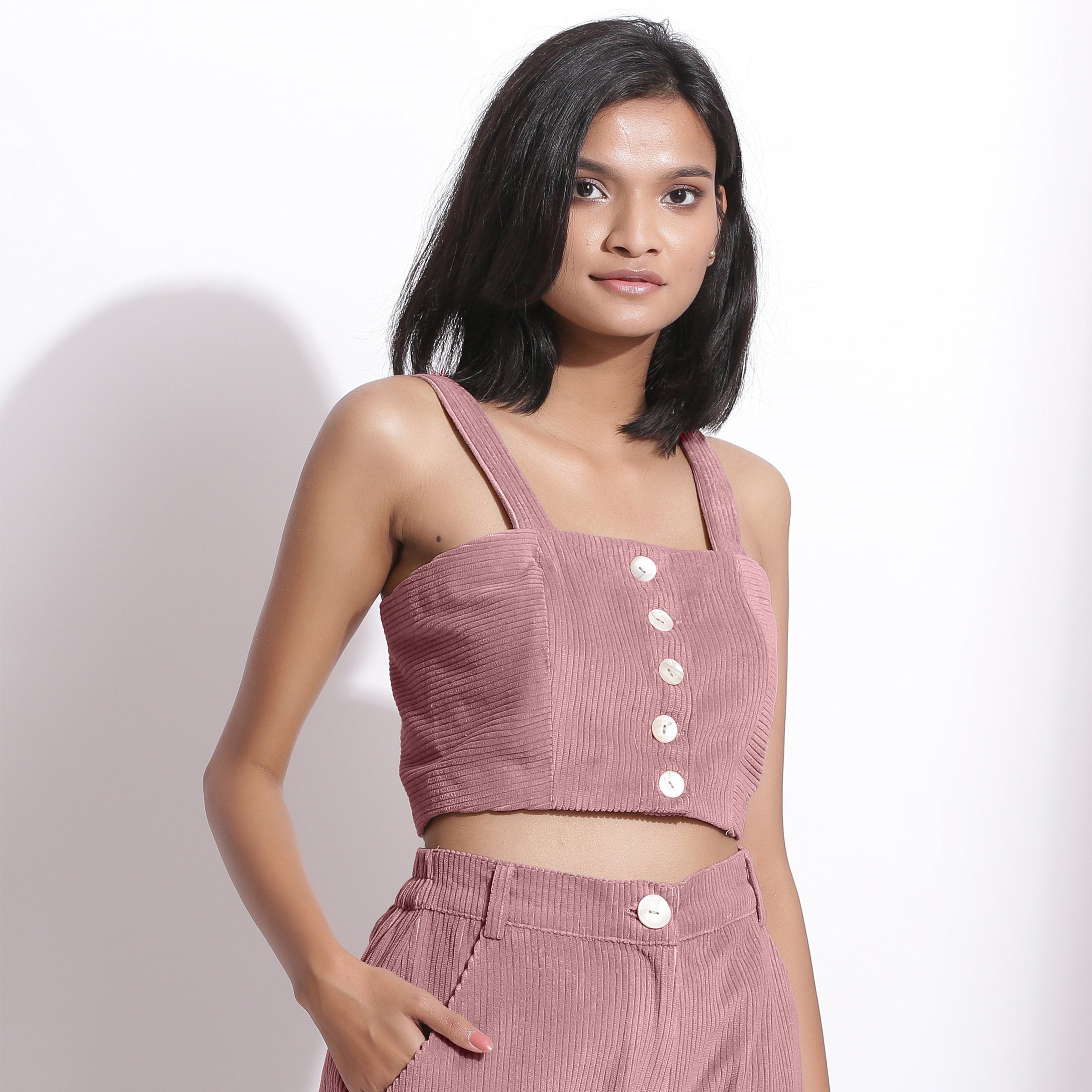 Right View of a Model wearing Mauve Cotton Corduroy Crop Top