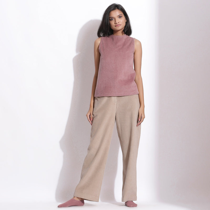 Front View of a Model wearing Mauve Warm Cotton Corduroy Funnel Neck Top