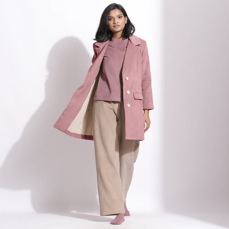 Front View of a Model wearing Mauve Cotton Corduroy Long Coat