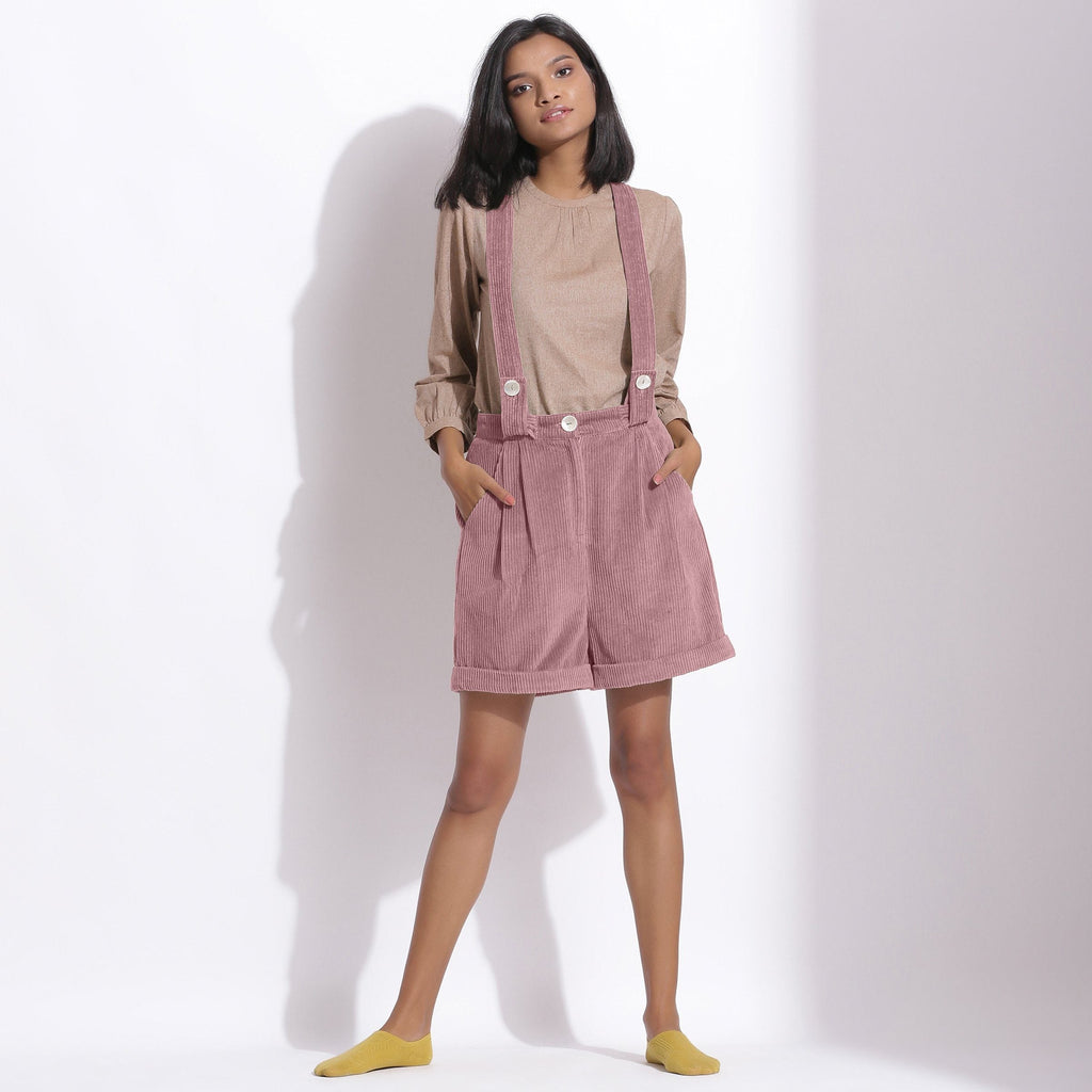 Front View of a Model wearing Mauve Cotton Corduroy Short Dungaree