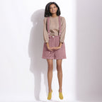 Front View of a Model wearing Mauve Cotton Corduroy Short Dungaree