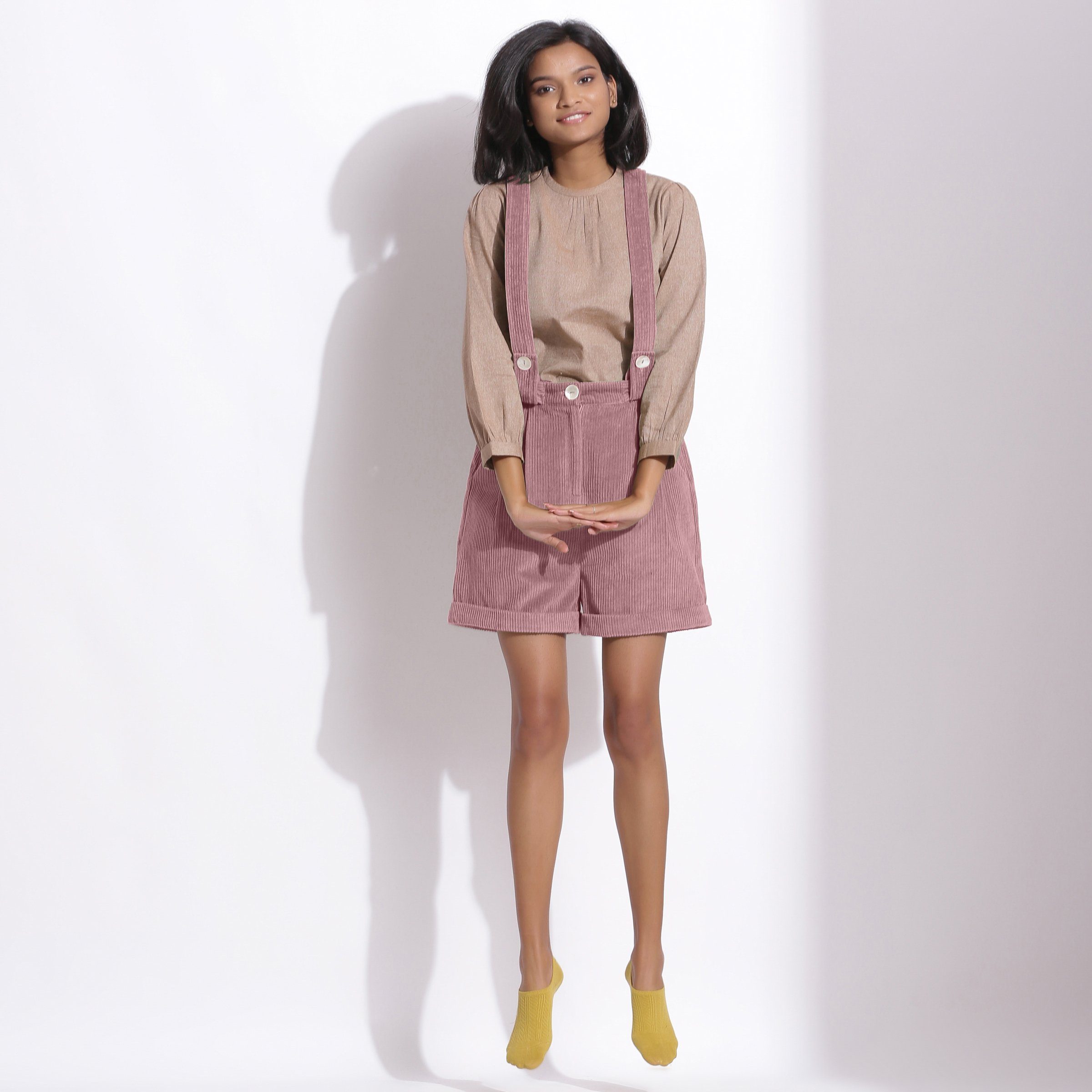 Front View of a Model wearing Mauve Cotton Corduroy Short Dungaree