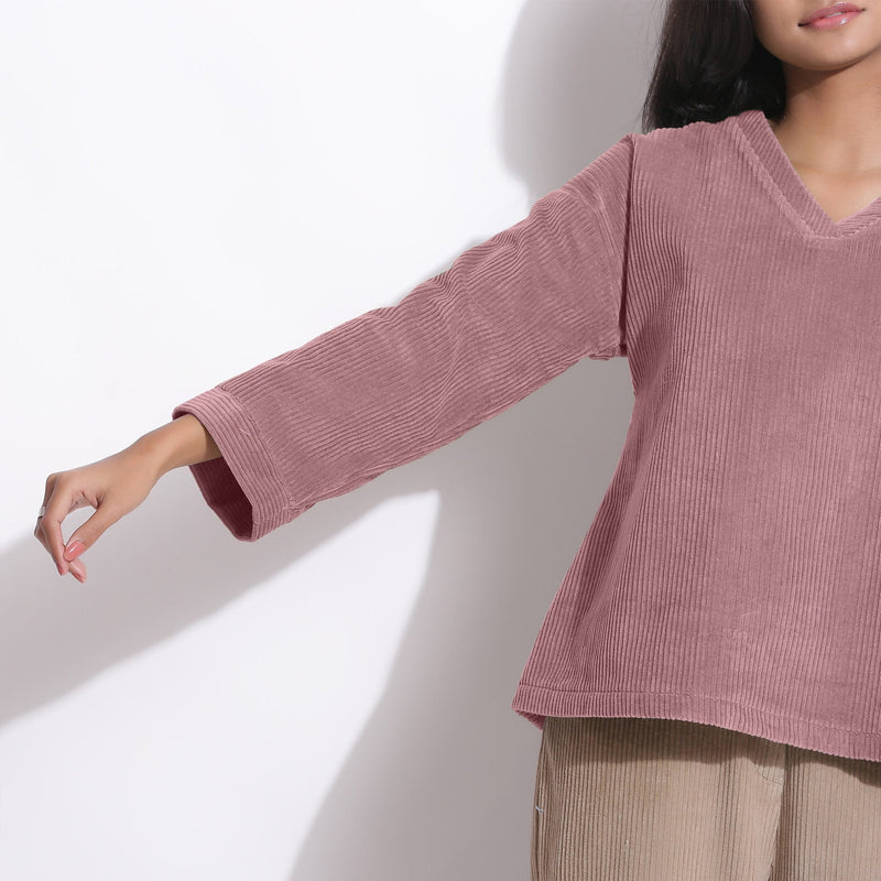 Front Detail of a Model wearing Mauve Cotton Corduroy V-Neck Top