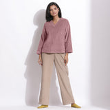 Front View of a Model wearing Mauve Cotton Corduroy V-Neck Top