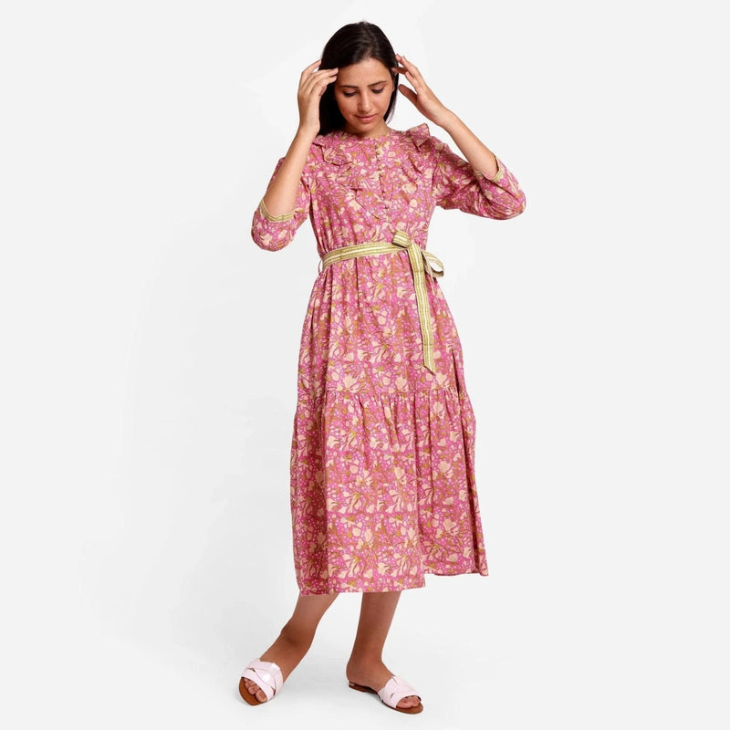 Front View of a Model wearing Mauve Sanganeri Block Print Cotton Midi Dress