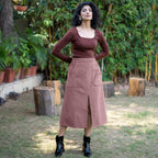 Mauve Warm Cotton Corduroy High-Rise A-Line Midi Slit Skirt