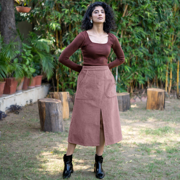 Mauve Warm Cotton Corduroy High-Rise A-Line Midi Slit Skirt