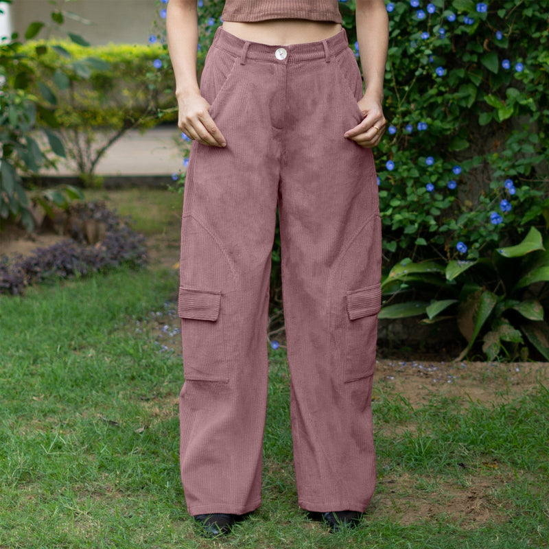 Mauve Warm Cotton Corduroy High-Rise Baggy Cargo Pant