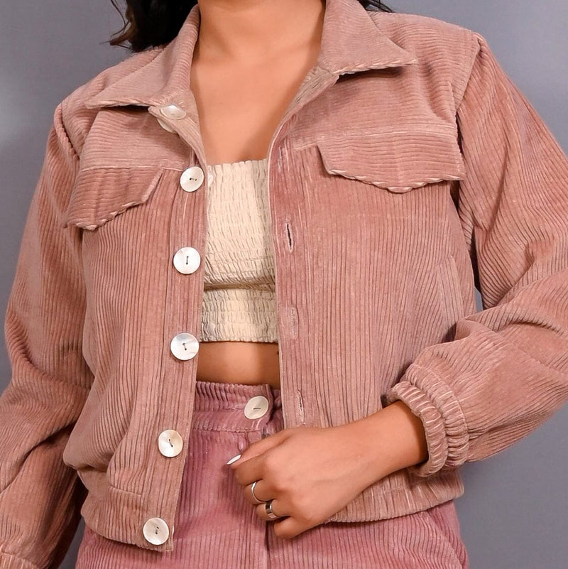 Front Detail of a Model wearing Mauve Warm Cotton Corduroy Short Bomber Jacket