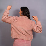 Back View of a Model wearing Mauve Warm Cotton Corduroy Short Bomber Jacket