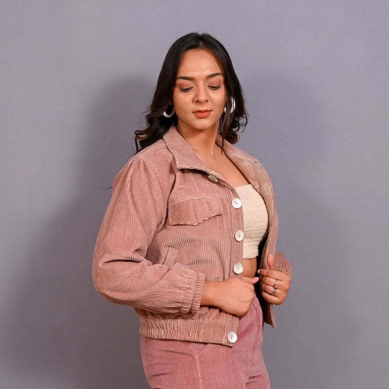 Right View of a Model wearing Mauve Warm Cotton Corduroy Short Bomber Jacket