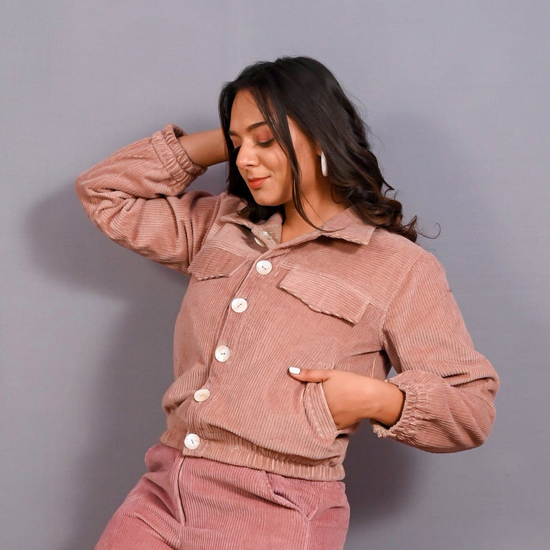 Left View of a Model wearing Mauve Warm Cotton Corduroy Short Bomber Jacket