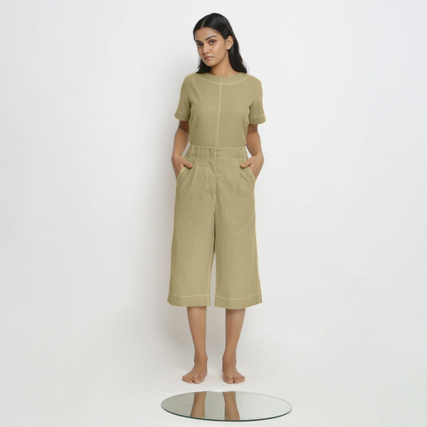 Front View of a Model wearing Mid-Rise Green Vegetable Dyed Cotton Culottes