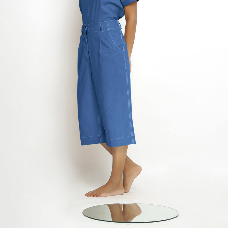 Left View of a Model wearing Mid-Rise Vegetable Dyed Blue Cotton Culottes