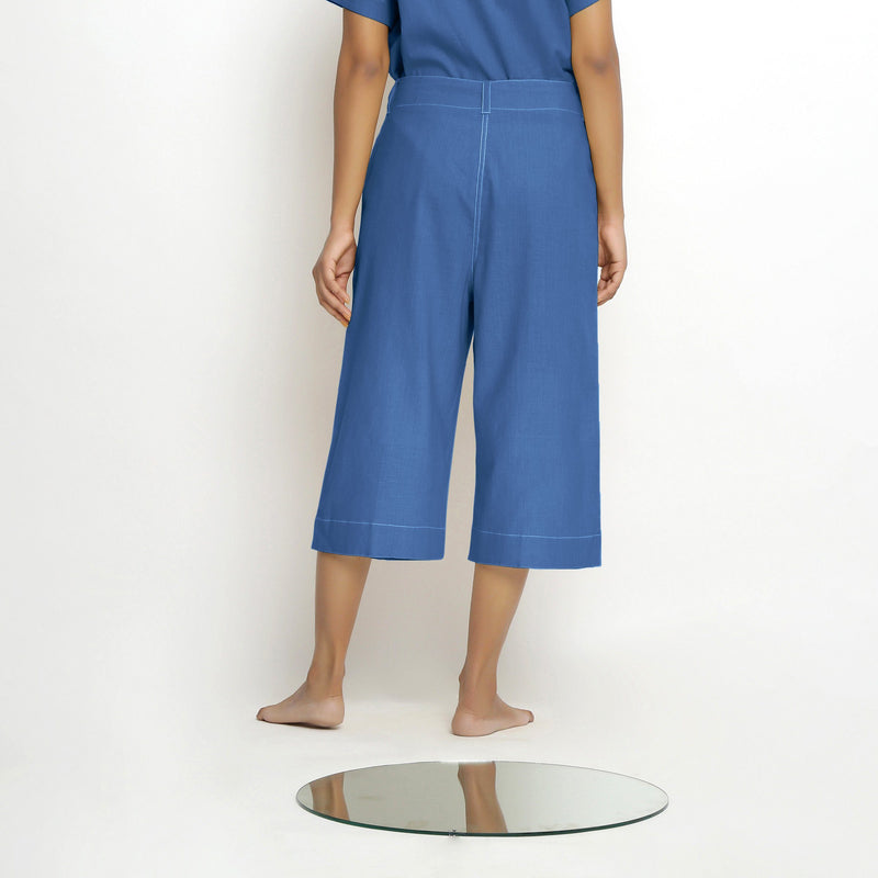 Back View of a Model wearing Mid-Rise Vegetable Dyed Blue Cotton Culottes