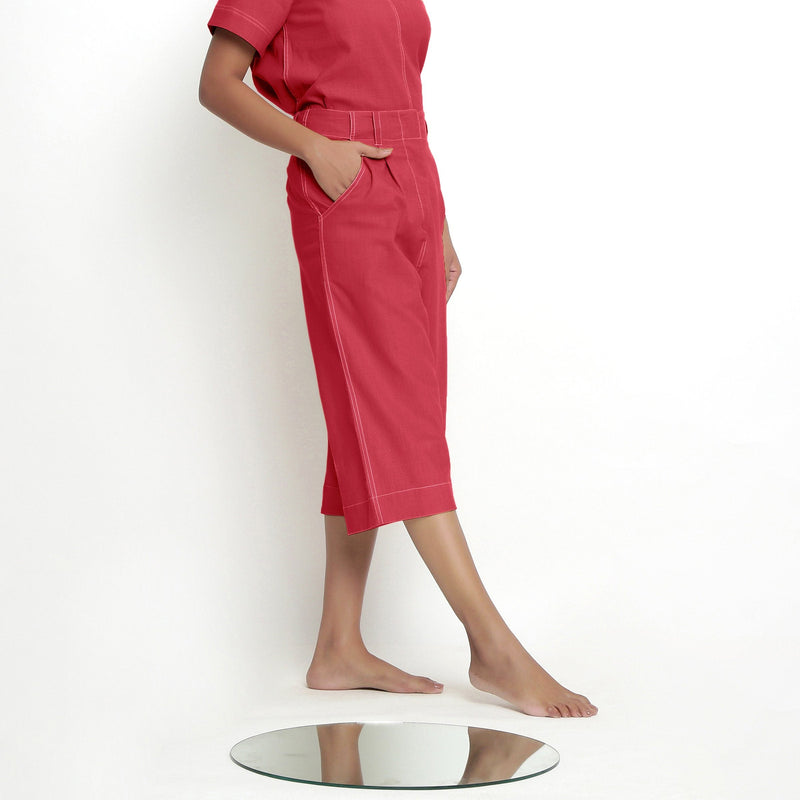 Right View of a Model wearing Mid-Rise Vegetable Dyed Red Cotton Culottes