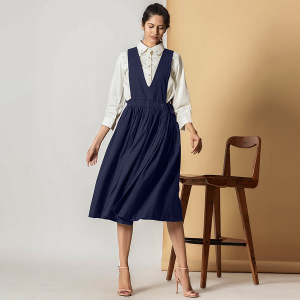 Front View of a Model wearing Midnight Blue Cotton Flax Pinafore Midi Wrap Dress