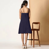 Back View of a Model wearing Midnight Blue Cotton Flax Strappy Slit Dress