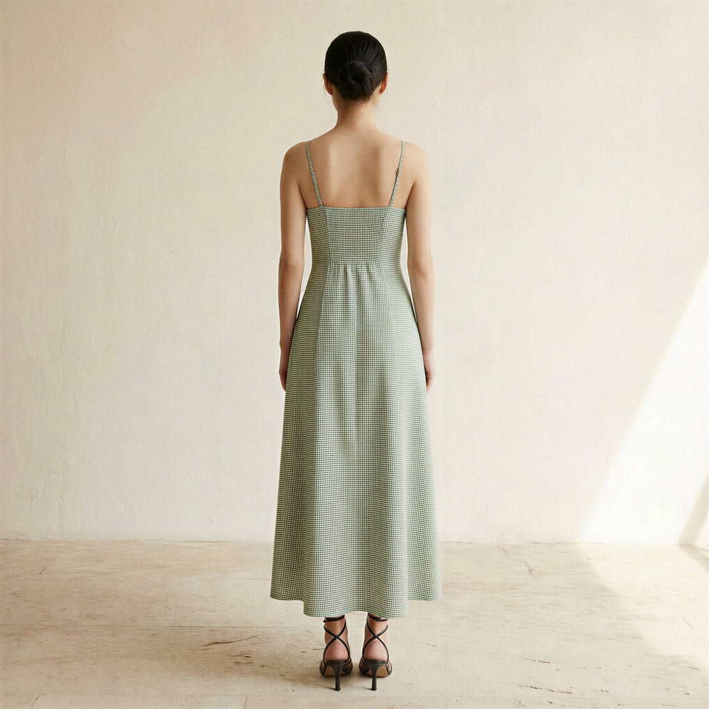 Mint Green Checks Handspun Cotton Ankle Length Flared Sundress