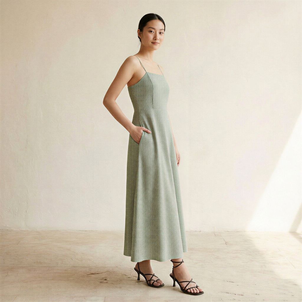 Mint Green Checks Handspun Cotton Ankle Length Flared Sundress