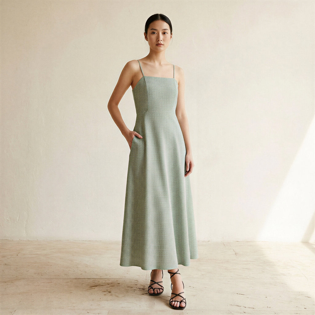 Mint Green Checks Handspun Cotton Ankle Length Flared Sundress