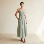 Mint Green Checks Handspun Cotton Ankle Length Flared Sundress