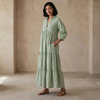 Mint Green Checks Handspun Cotton Deep-V Maxi Tier Dress