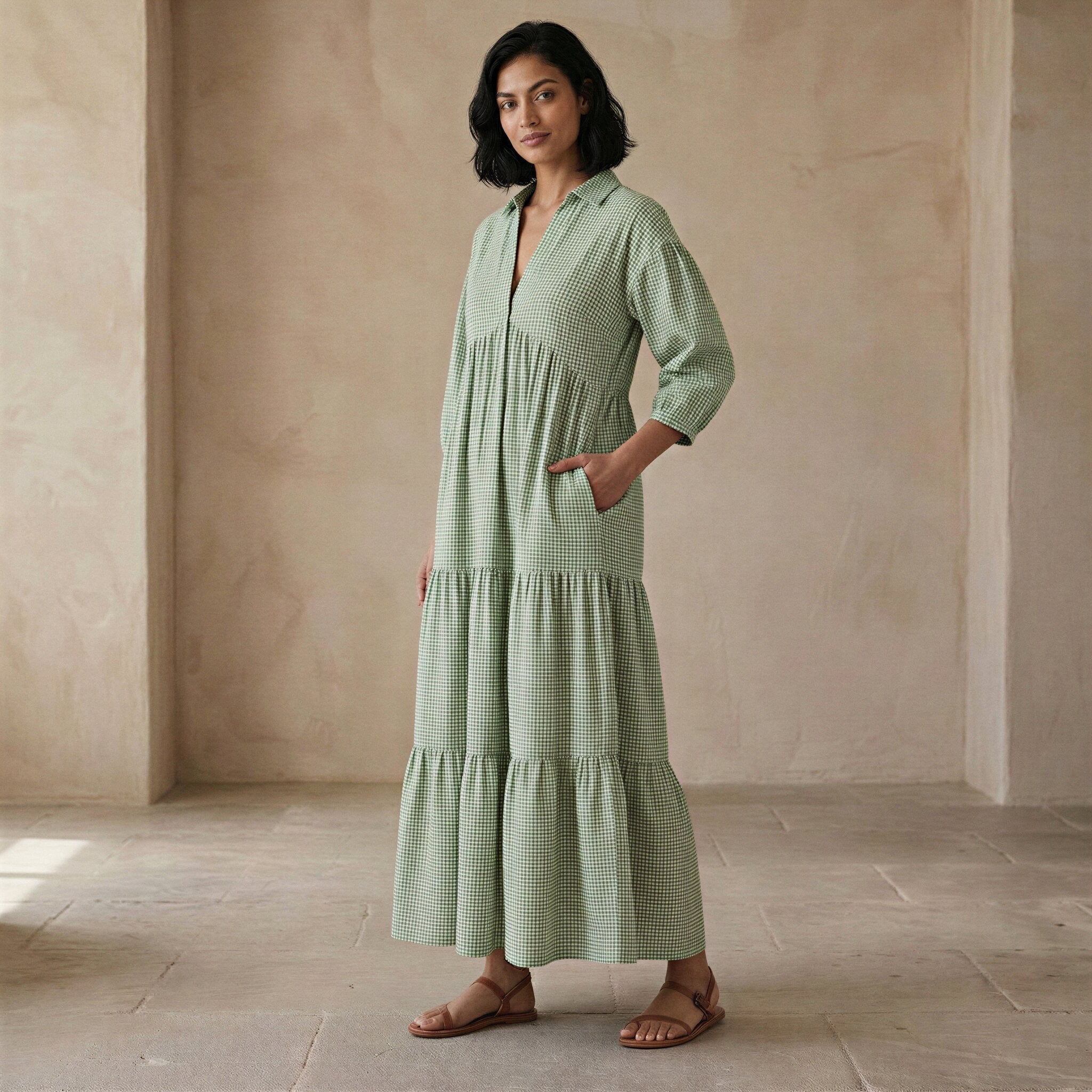 Mint Green Checks Handspun Cotton Deep-V Maxi Tier Dress