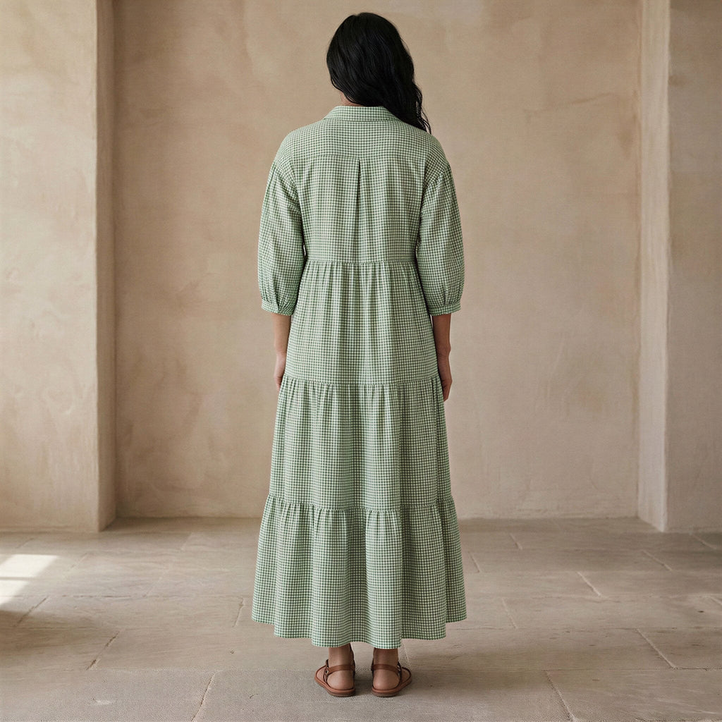 Mint Green Checks Handspun Cotton Deep-V Maxi Tier Dress