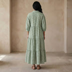 Mint Green Checks Handspun Cotton Deep-V Maxi Tier Dress
