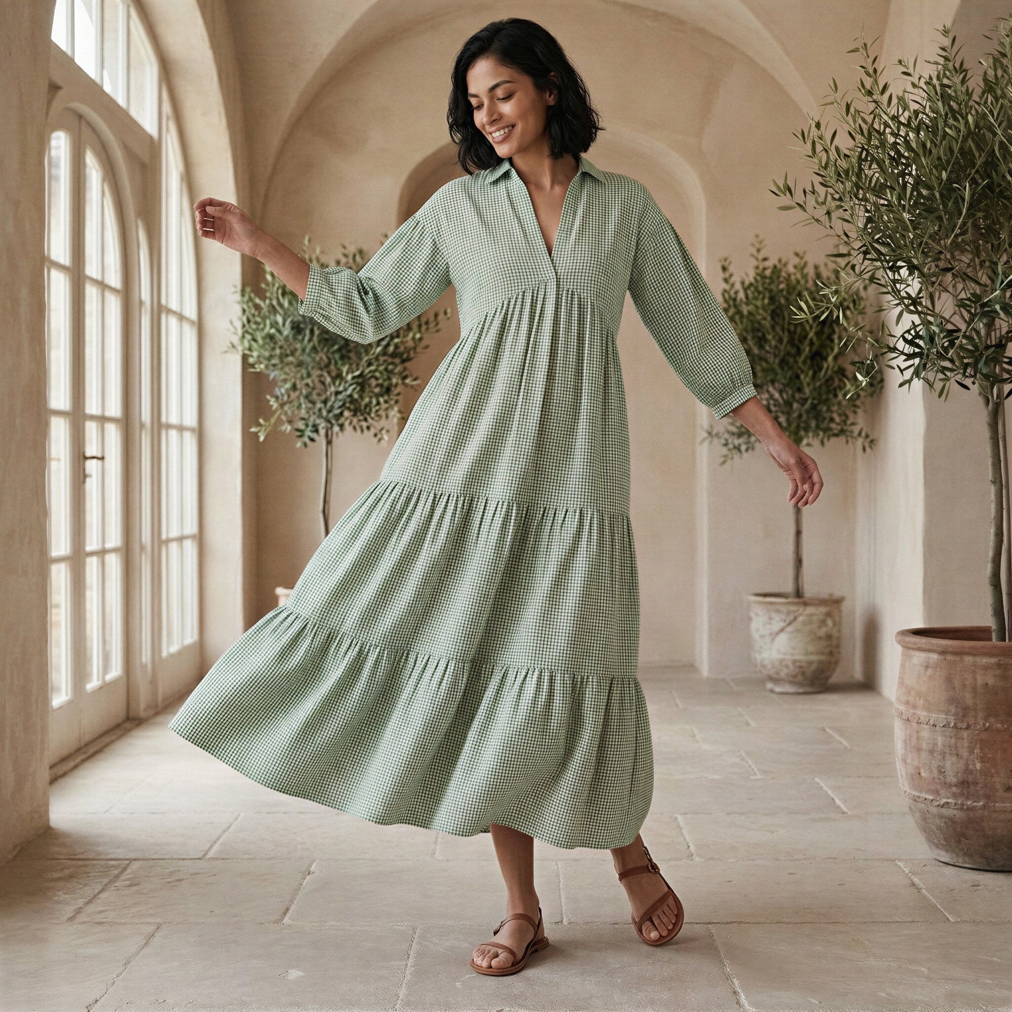 Mint Green Checks Handspun Cotton Deep-V Maxi Tier Dress
