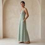 Mint Green Checks Handspun Cotton Deep V-Neck Cami Maxi Dress