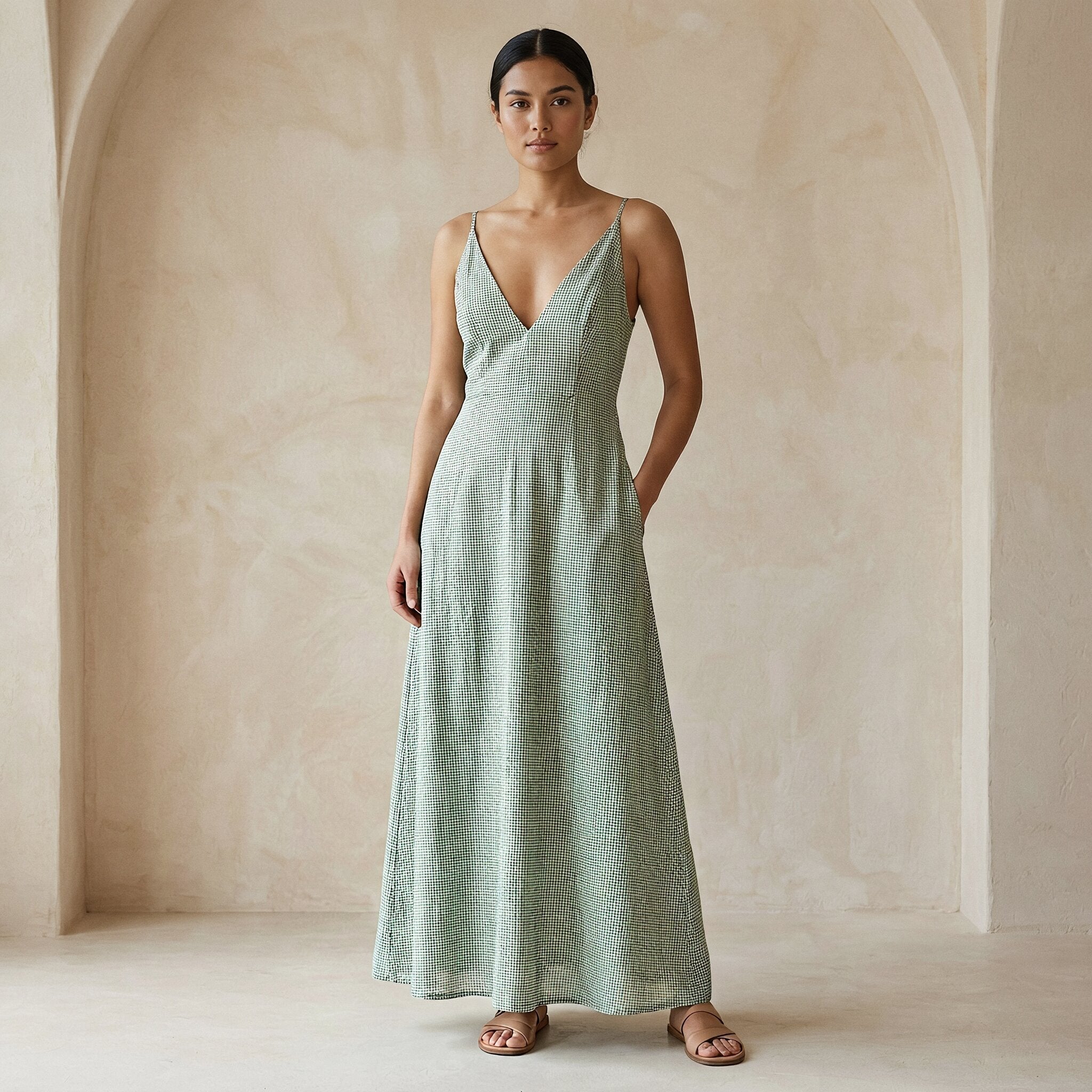 Mint Green Checks Handspun Cotton Deep V-Neck Cami Maxi Dress