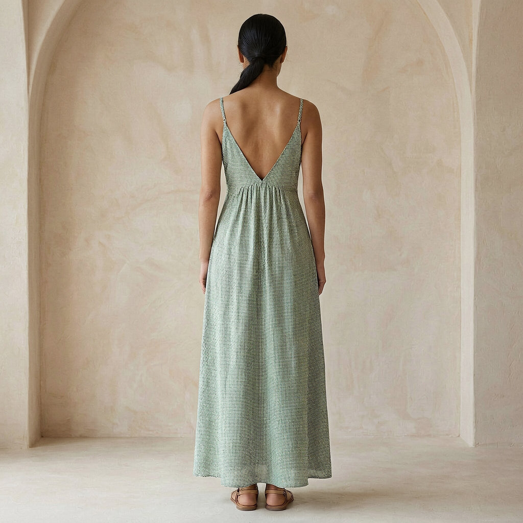 Mint Green Checks Handspun Cotton Deep V-Neck Cami Maxi Dress
