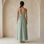 Mint Green Checks Handspun Cotton Deep V-Neck Cami Maxi Dress