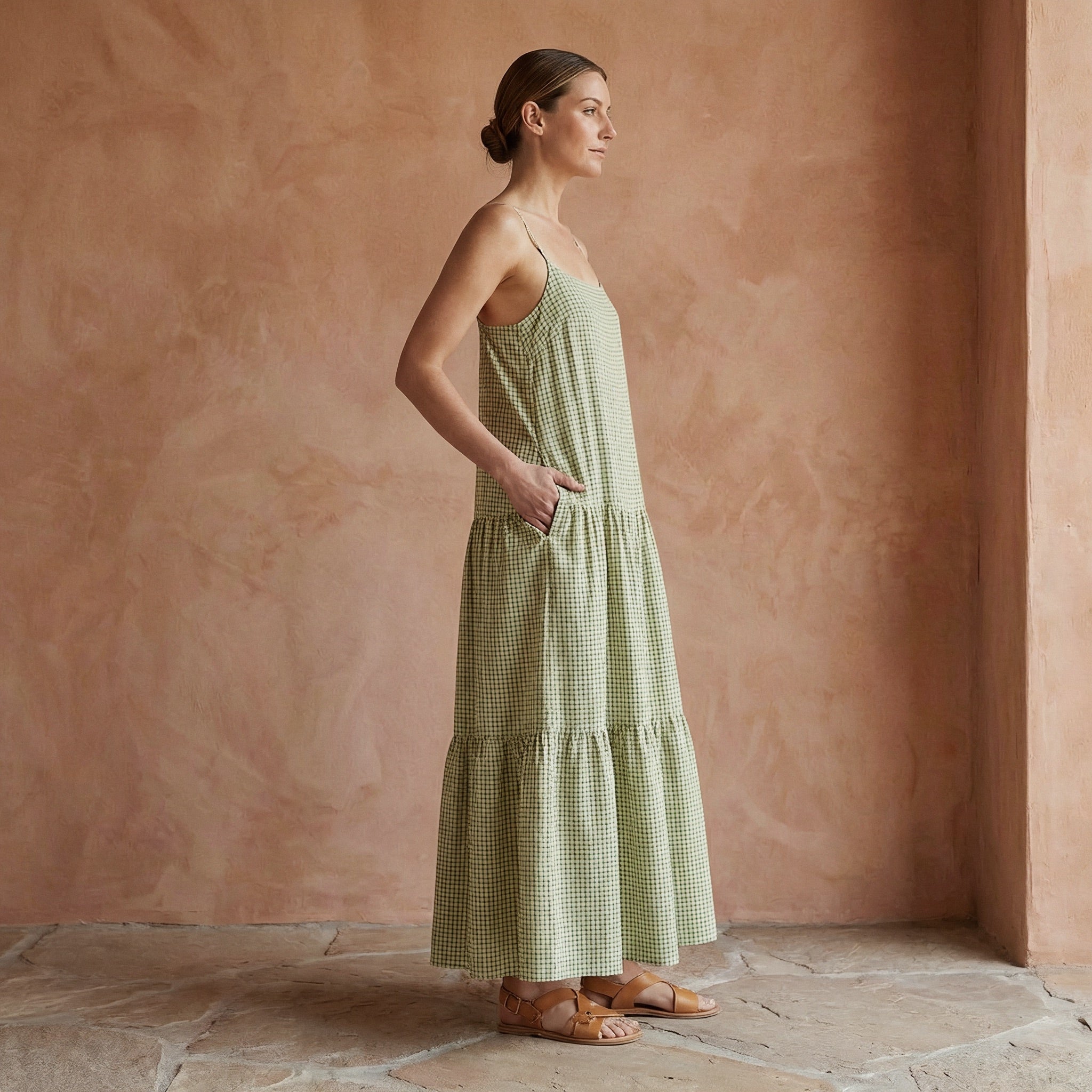 Mint Green Checks Handspun Cotton Drop-Waist Camisole Maxi Tier Dress