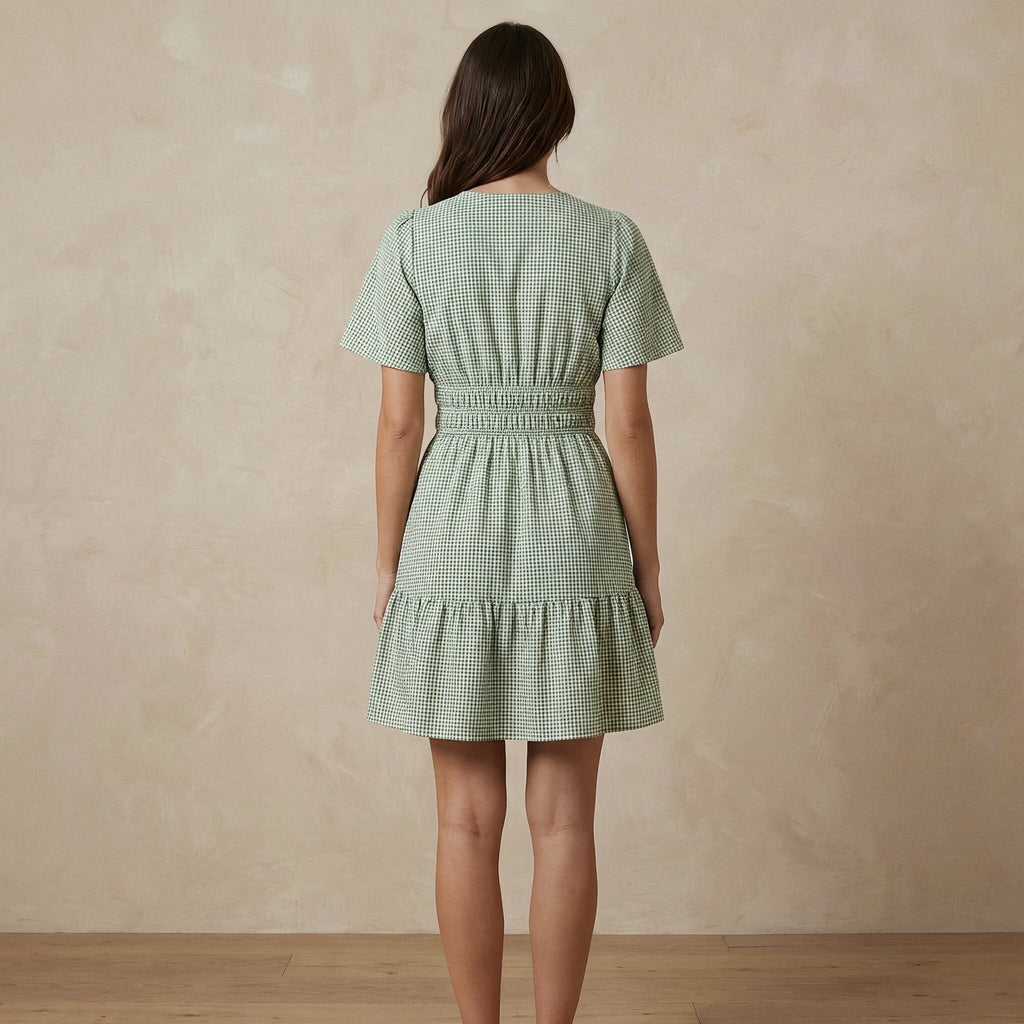Mint Green Checks Handspun Cotton Elasticated Short Tier Dress