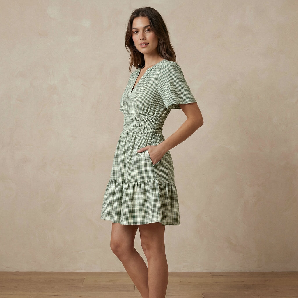 Mint Green Checks Handspun Cotton Elasticated Short Tier Dress