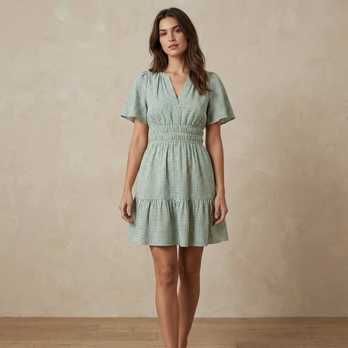 Mint Green Checks Handspun Cotton Elasticated Short Tier Dress