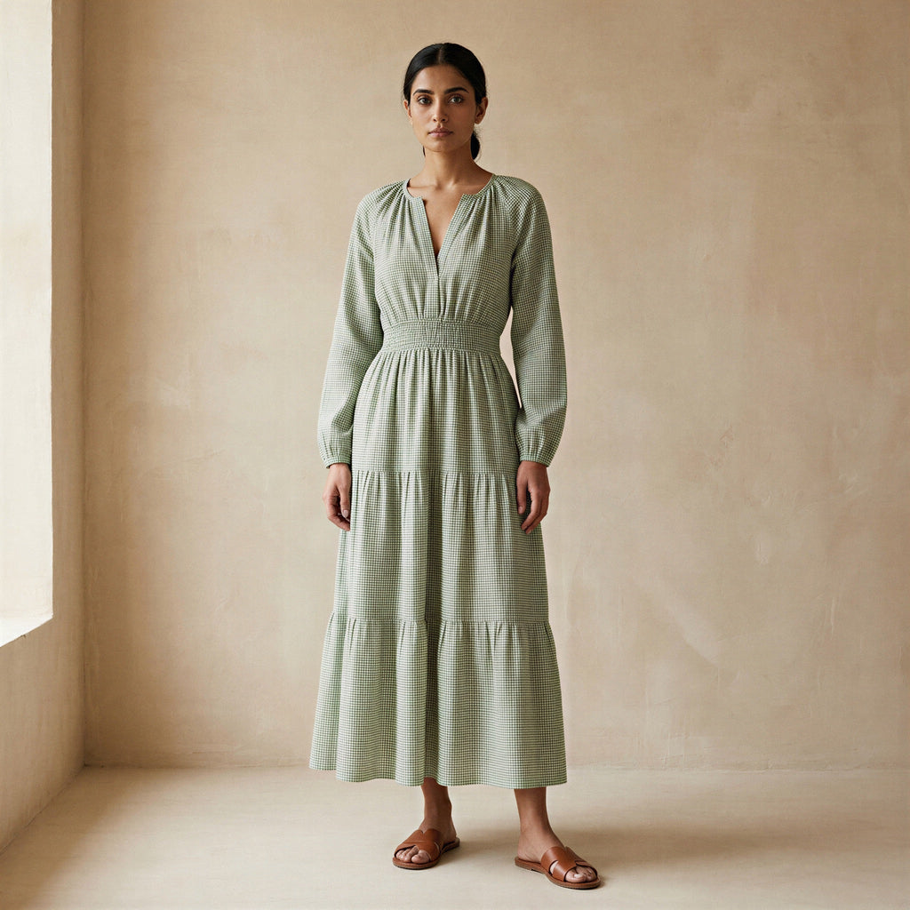 Mint Green Checks Handspun Cotton Fit and Flare Maxi Tier Dress