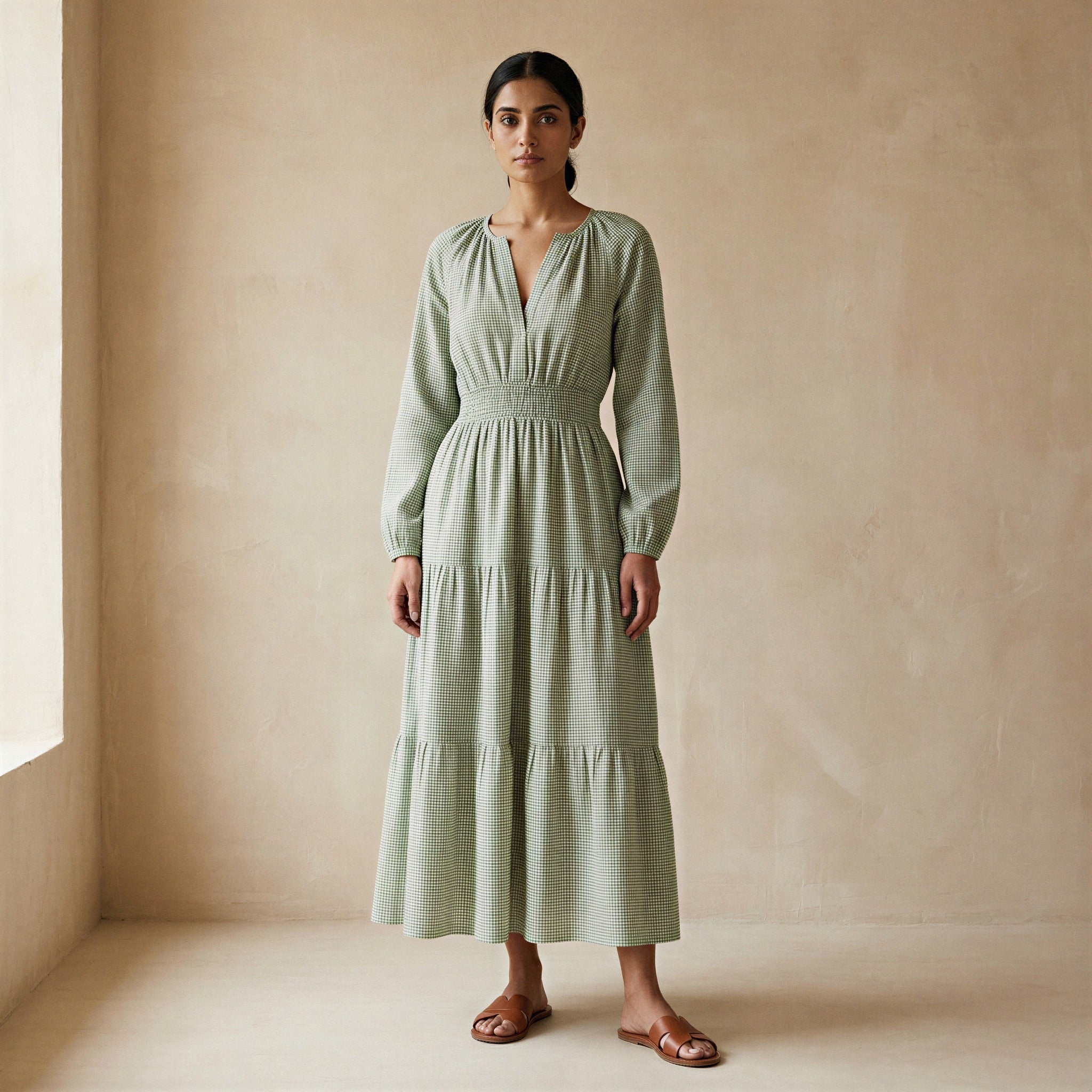 Mint Green Checks Handspun Cotton Fit and Flare Maxi Tier Dress