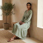 Mint Green Checks Handspun Cotton Fit and Flare Maxi Tier Dress