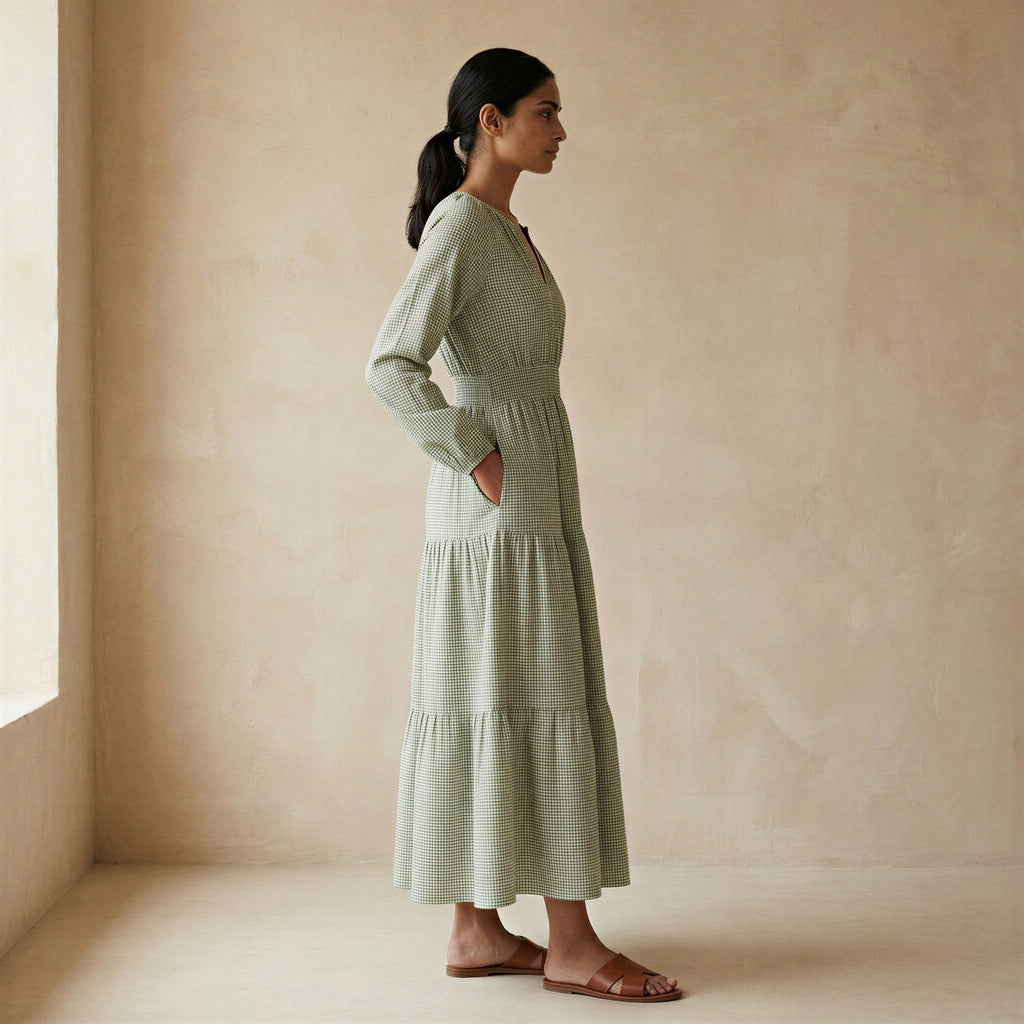 Mint Green Checks Handspun Cotton Fit and Flare Maxi Tier Dress
