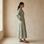 Mint Green Checks Handspun Cotton Fit and Flare Maxi Tier Dress