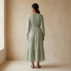 Mint Green Checks Handspun Cotton Fit and Flare Maxi Tier Dress