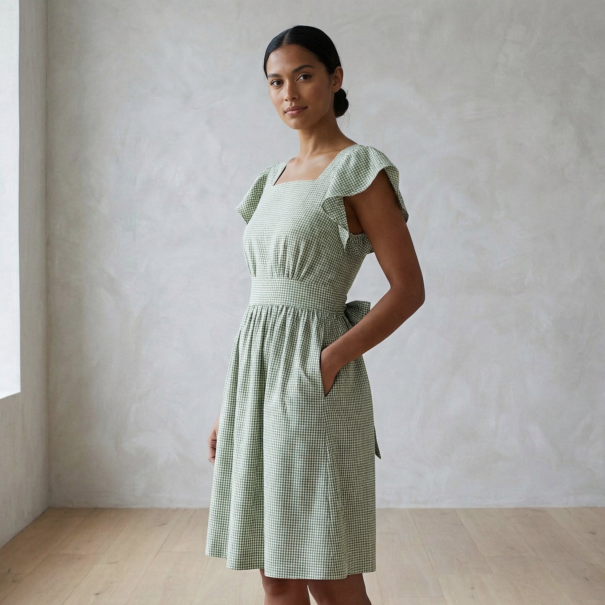 Mint Green Checks Handspun Cotton Open-Back Fit and Flare Knee Length Dress