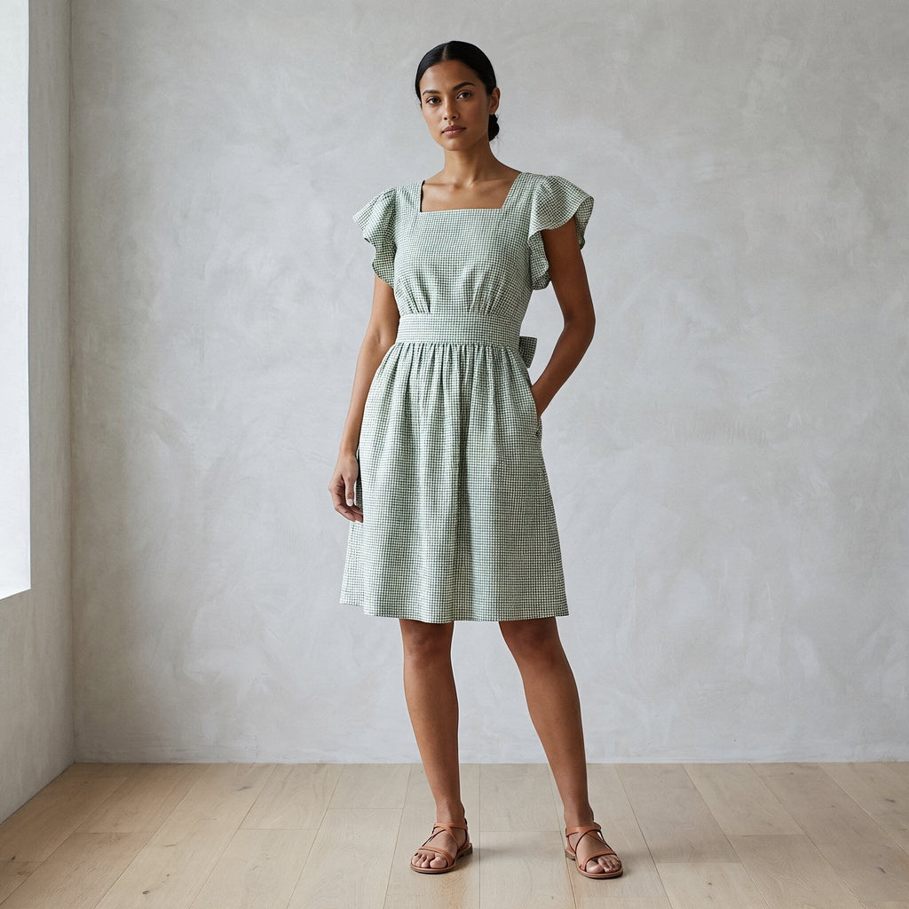 Mint Green Checks Handspun Cotton Open-Back Fit and Flare Knee Length Dress