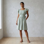 Mint Green Checks Handspun Cotton Open-Back Fit and Flare Knee Length Dress